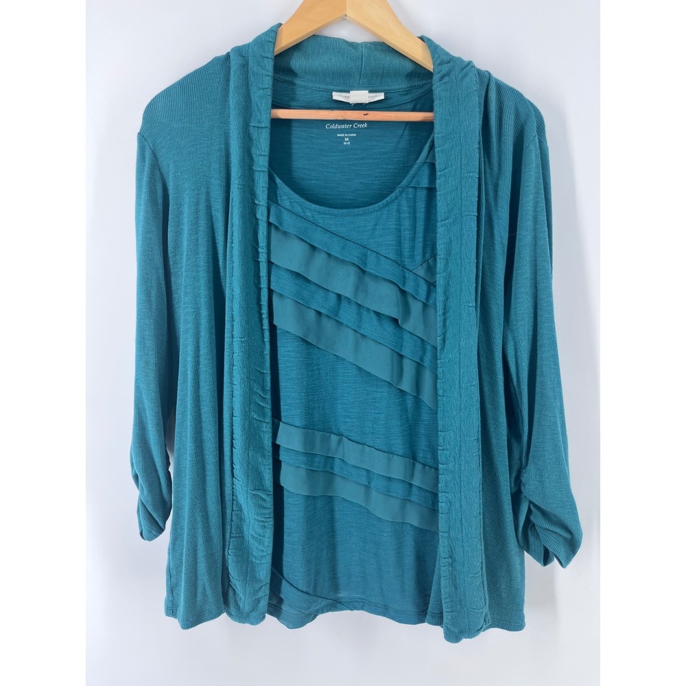 Teal Blue 2 Piece Set Ruffle Tank & Ruched Cardigan Size M 10-12 Romantic Chic